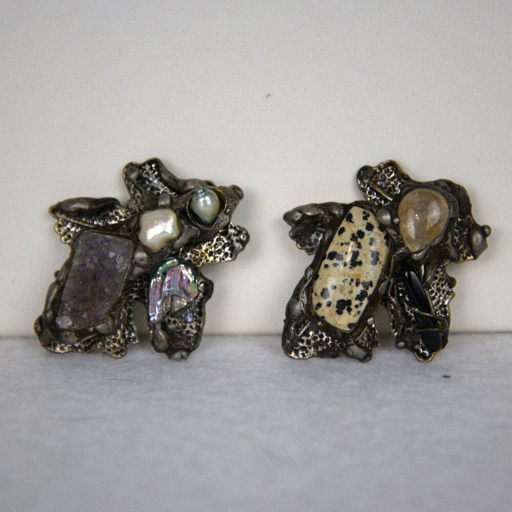 2 Funky Unique Handmade Brooch Pin Silvertone Natural Stones